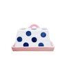 Large Butter Dish Navy Spot with Pink Handle