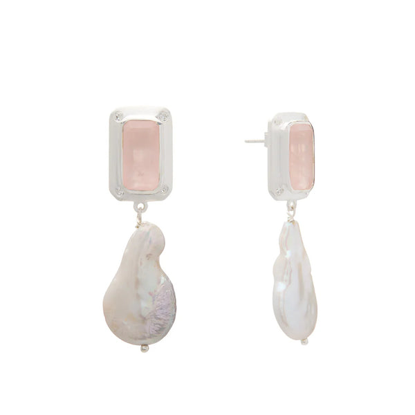 Celestial Rose hanging pearl earring rose quartz SS