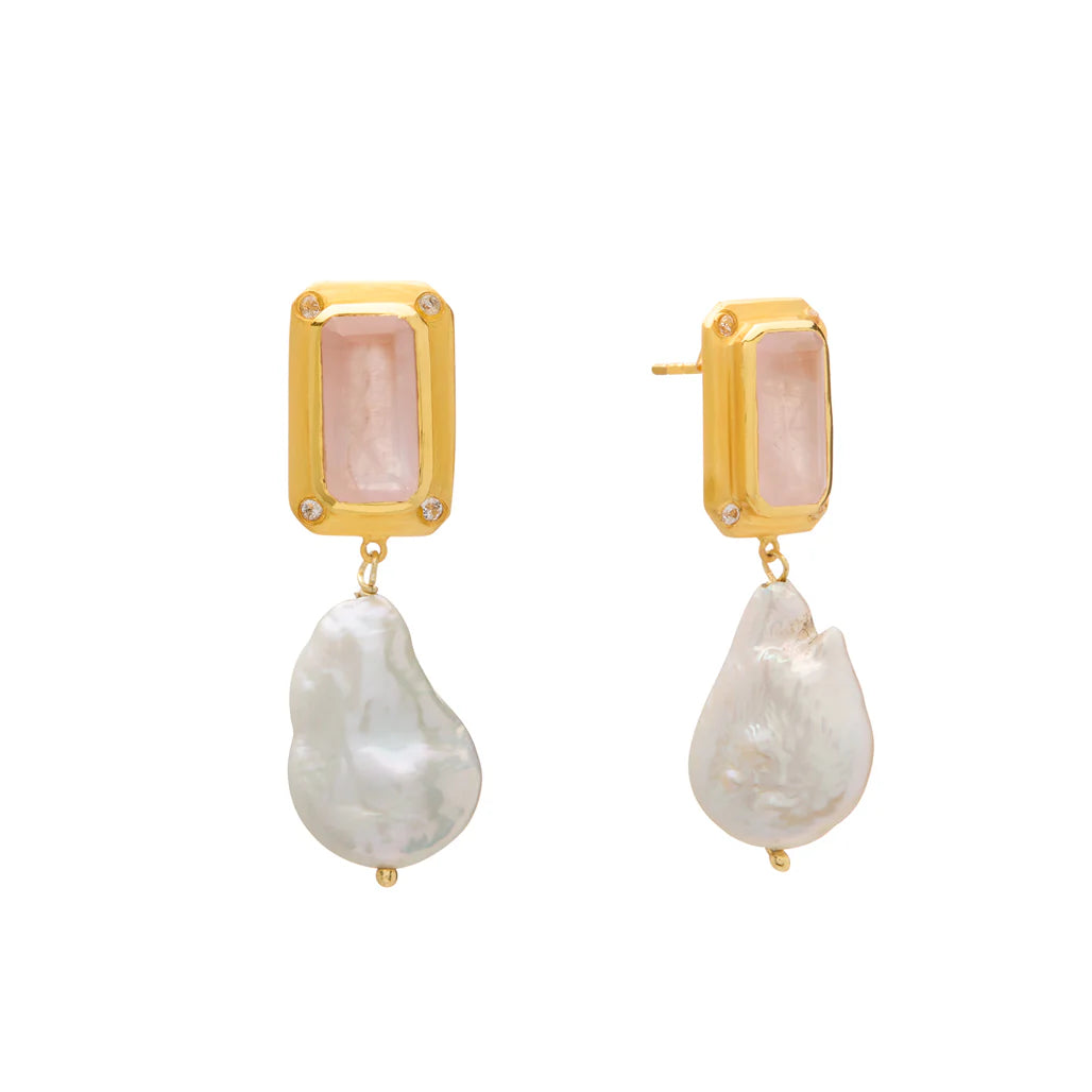 Hanging Pearl Earring with Rose Quartz & White Topez 18kt yellow gold