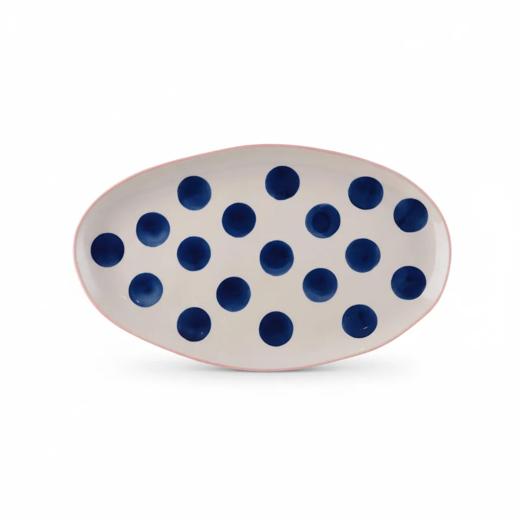 Navy Spot Platter with Pink Trim Small