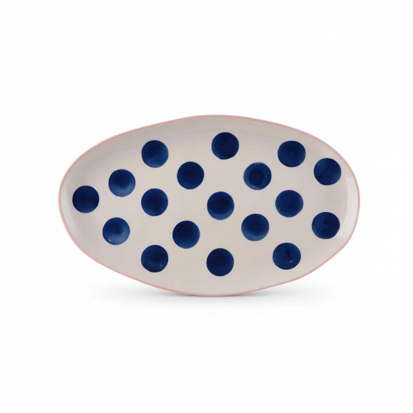 Navy Spot Platter with Pink Trim Small