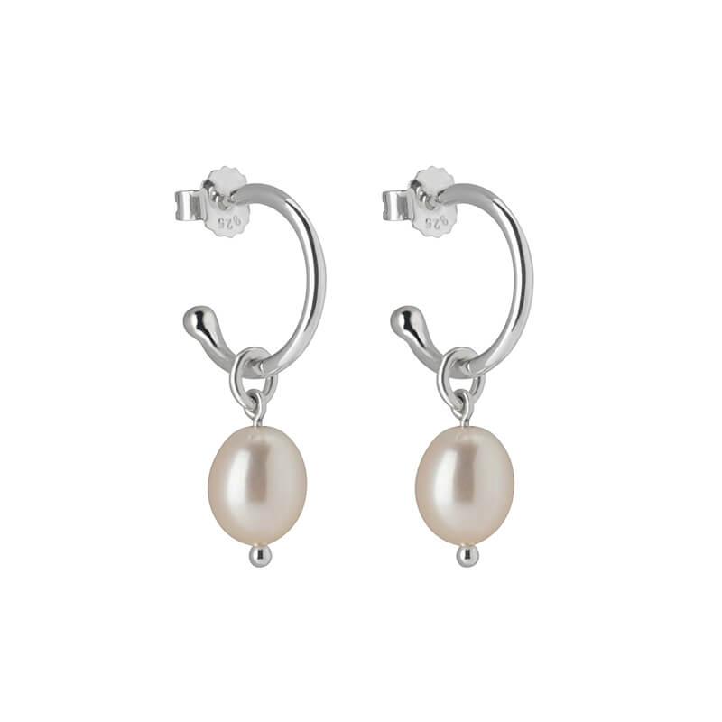 Petite Hoop Drop Earrings with Pearl